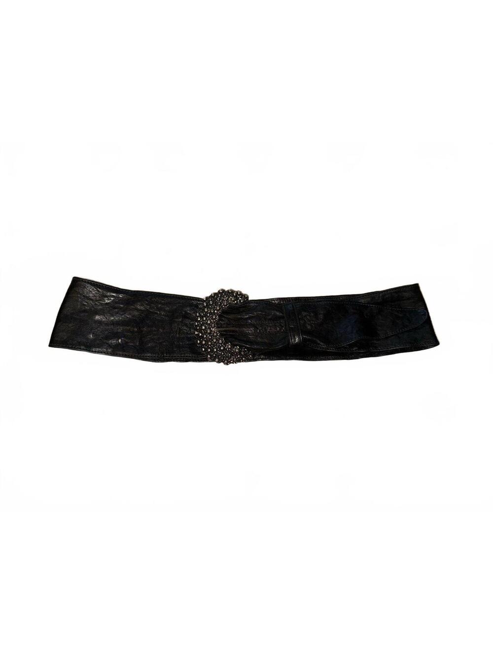 Women’s Black Leather Wide Belt with Unique Buckle Size M